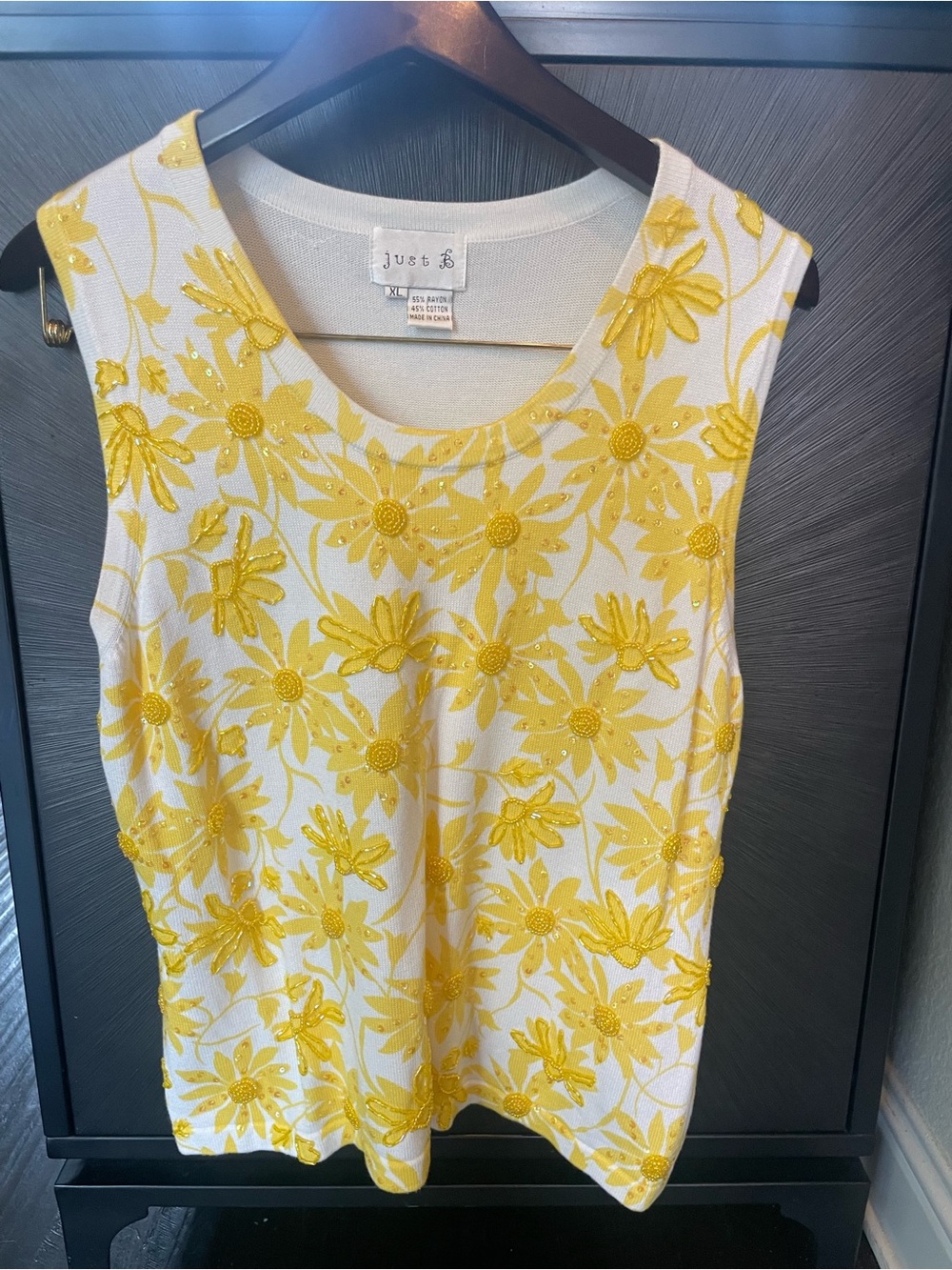 just be Yellow Floral Beaded Sleeveless Tank